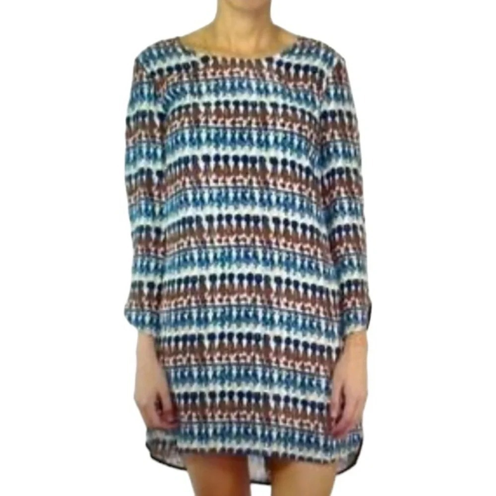 Marie Oliver Blue Brown Pink Novelty Print Long Sleeve Silk Dress‎ Size M